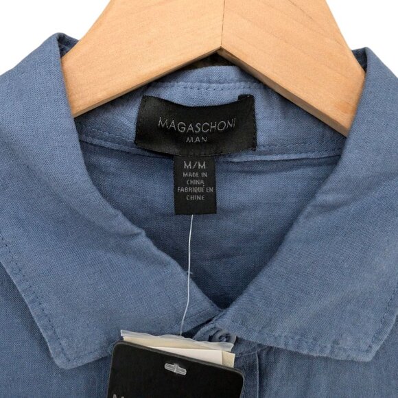 Magaschoni Man Linen Blend Shirt Mens Slate Blue Short Sleeve Front Pocket Sz M - Picture 3 of 10